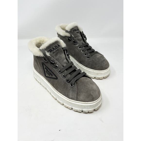 Prada Gray Suede Shearling Lined Platform Hi-Top Sneaker Boot Triangle Logo  37 - Picture 1 of 8